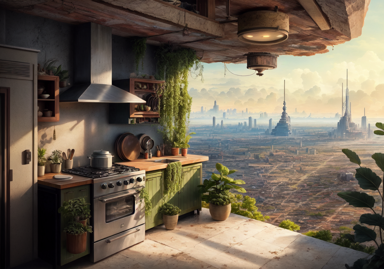 05879-3218934707-beautiful open kitchen in the style of elena of avalor overlooking aerial wide angle view of a solarpunk vibrant city with green.png